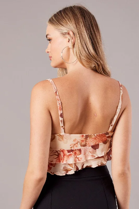 Beige Floral Ruffle Cami Frilly Crop Top