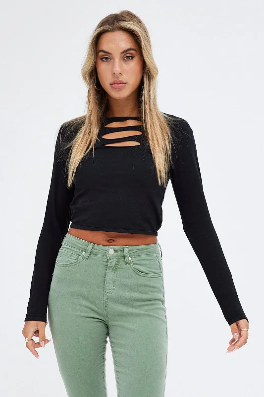 Black Crop Top Long Sleeve Crew Neck Keyhole Cotton