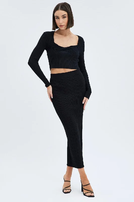 Black Knit Top Twist Bust Crop Ribbed