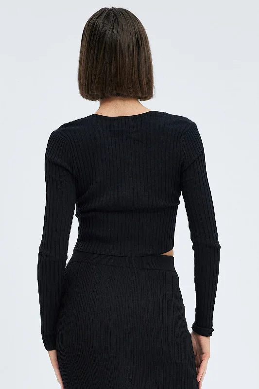 Black Knit Top Twist Bust Crop Ribbed