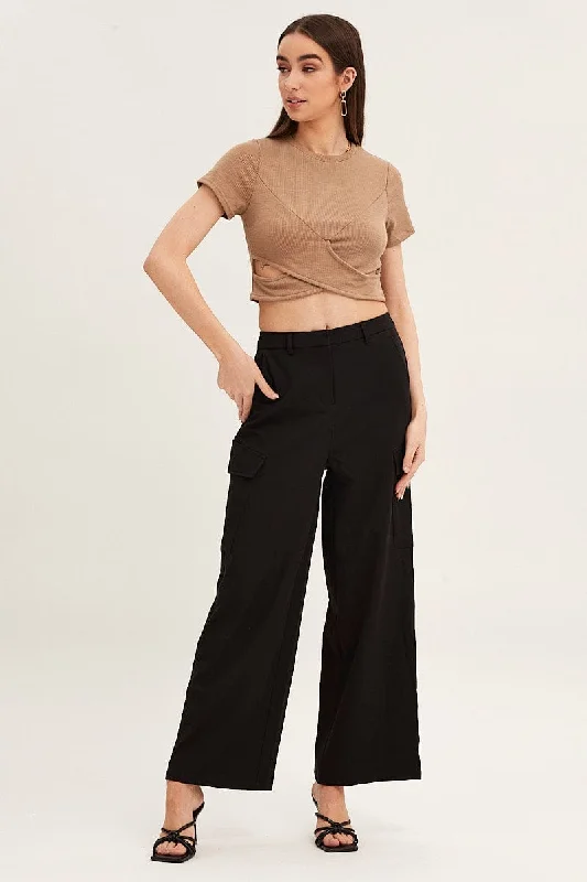 Brown Crop Top Short Sleeve Rib