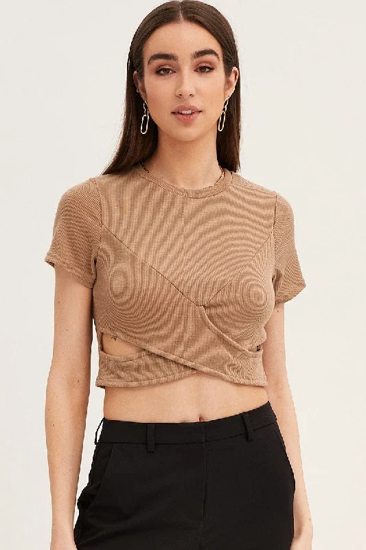 Brown Crop Top Short Sleeve Rib