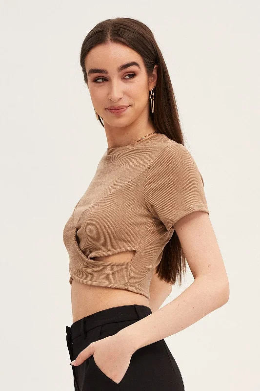 Brown Crop Top Short Sleeve Rib