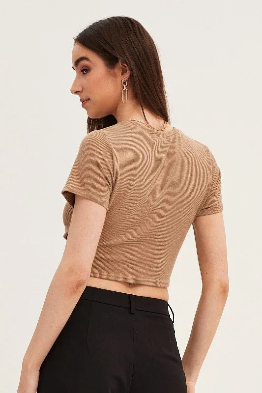 Brown Crop Top Short Sleeve Rib