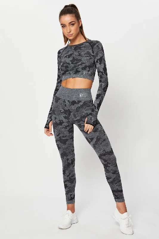 Grey Seamless Camo Activewear Long Sleeve Top