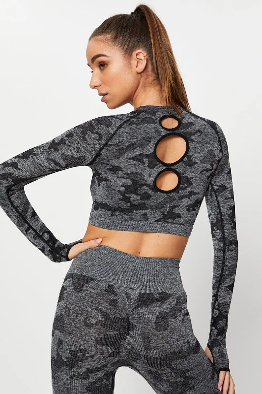 Grey Seamless Camo Activewear Long Sleeve Top