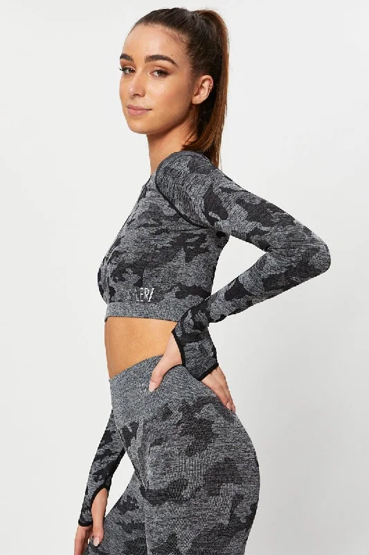 Grey Seamless Camo Activewear Long Sleeve Top