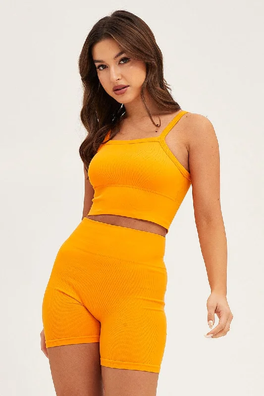 Orange High Neck Rib Bind Detail Seamless Tank