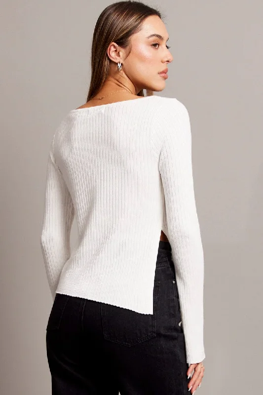 White Knit Top Boat Neck Long Sleeve