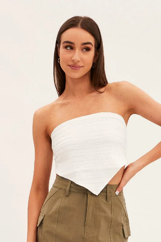 White Shirred Strapless Tie Back Bandana Hem Top