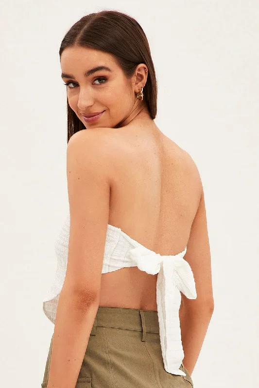 White Shirred Strapless Tie Back Bandana Hem Top