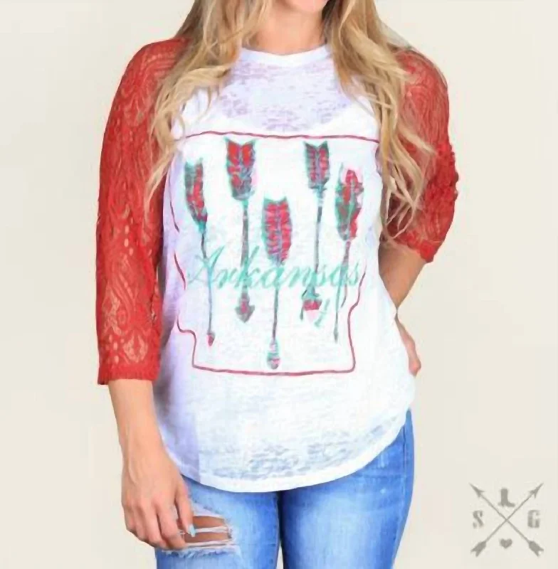 Arkansas Pride With Red Lace Raglan Sleeve Top In White