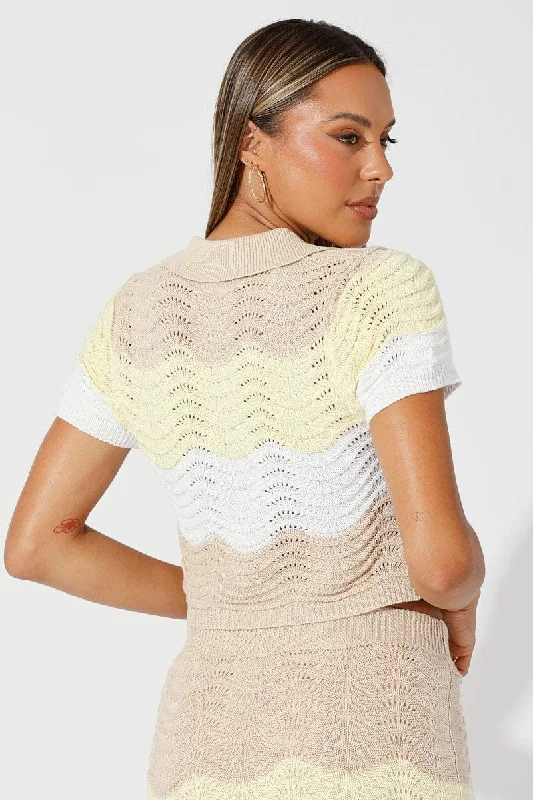 Beige Stripe Crochet Knit Top Collared