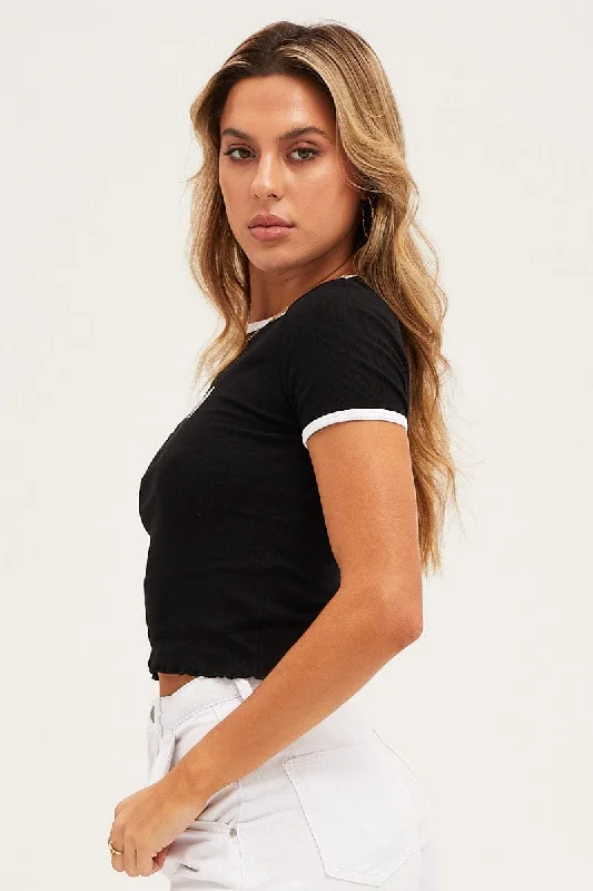 Black Contrast Bind Embroidered Tee