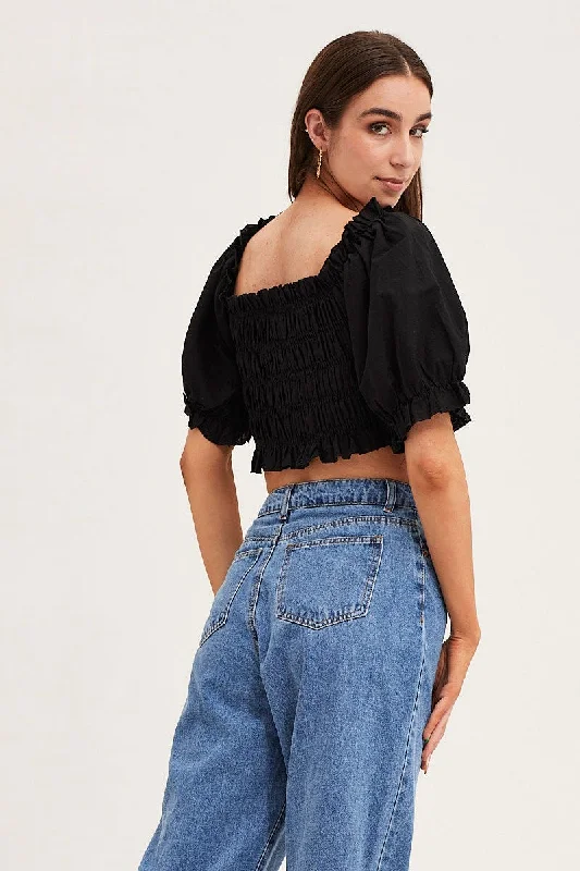 Black Short Sleeve Frilled Edge Shirred Crop Top