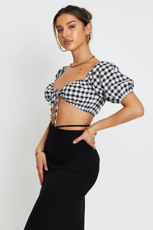 Check Crop Top Short Sleeve Tie Up