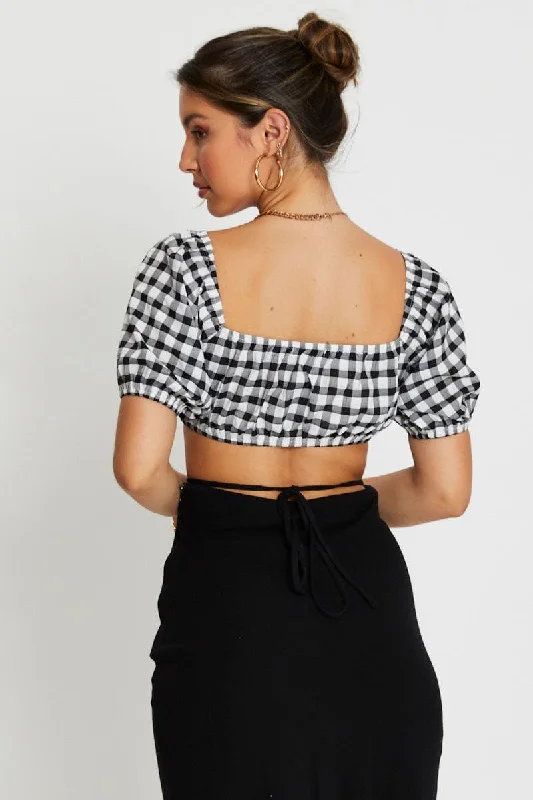 Check Crop Top Short Sleeve Tie Up