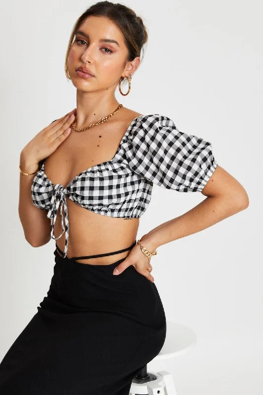 Check Crop Top Short Sleeve Tie Up