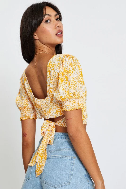 Ditsy Print Puff Sleeve Top Short Sleeve Crop