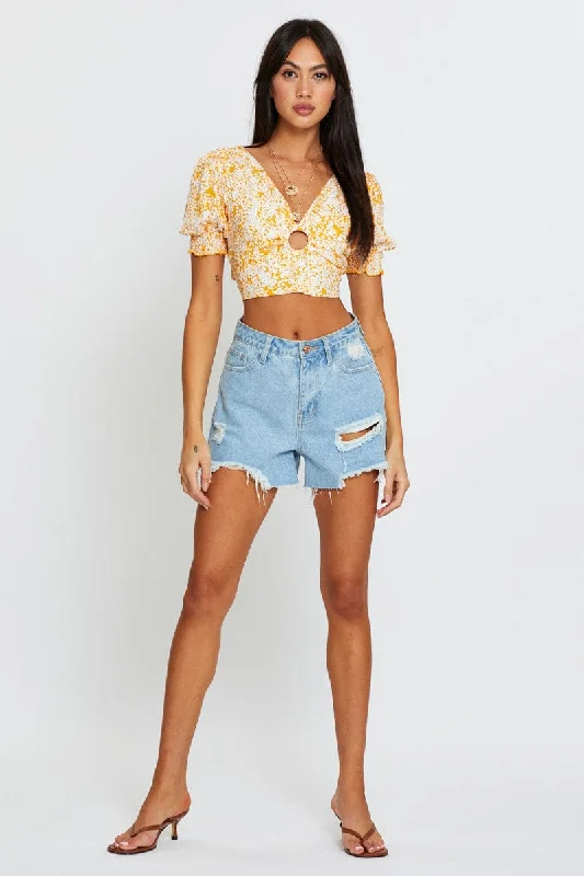 Ditsy Print Puff Sleeve Top Short Sleeve Crop