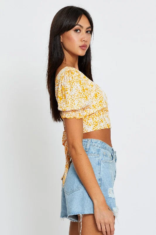 Ditsy Print Puff Sleeve Top Short Sleeve Crop