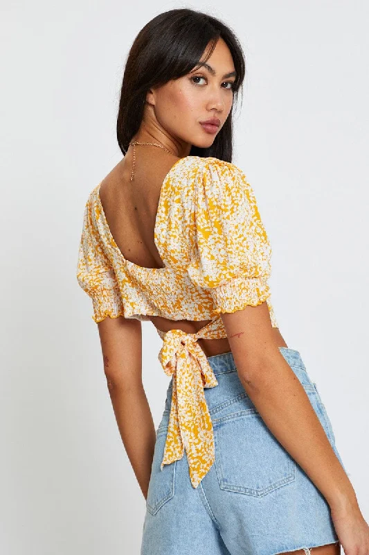 Ditsy Print Puff Sleeve Top Short Sleeve Crop