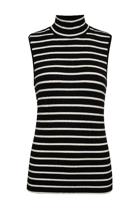 Essential Sleeveless Mock Neck Tank Black Chalk Stripe