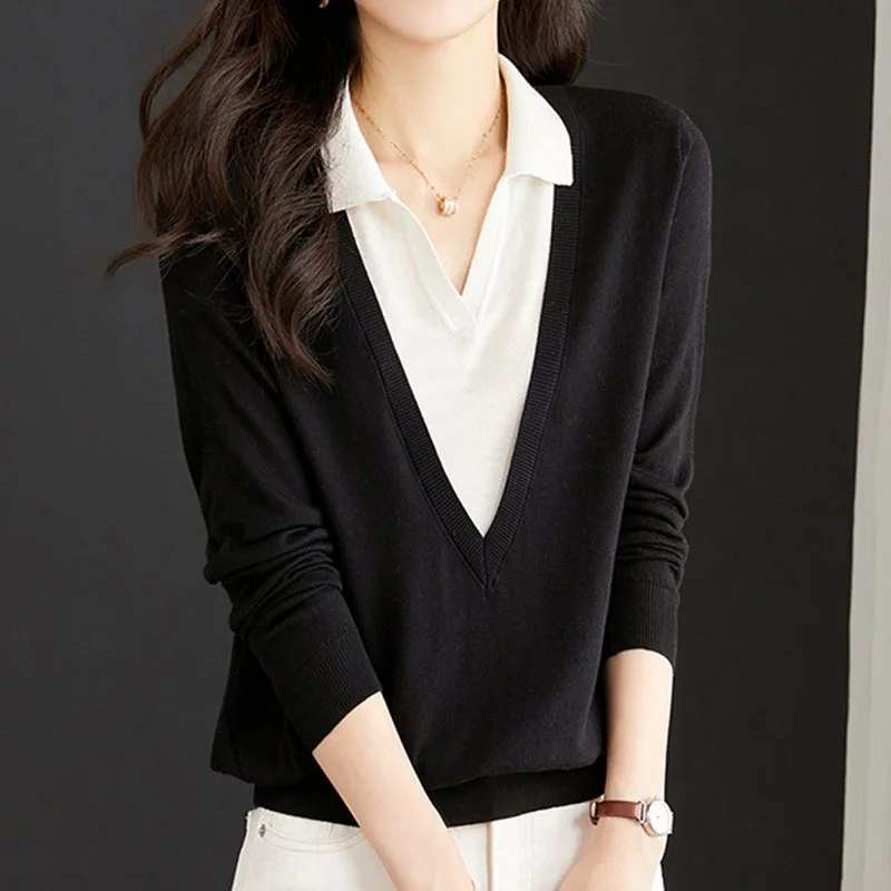 Long Sleeve Knitted Casual Paneled Sweater