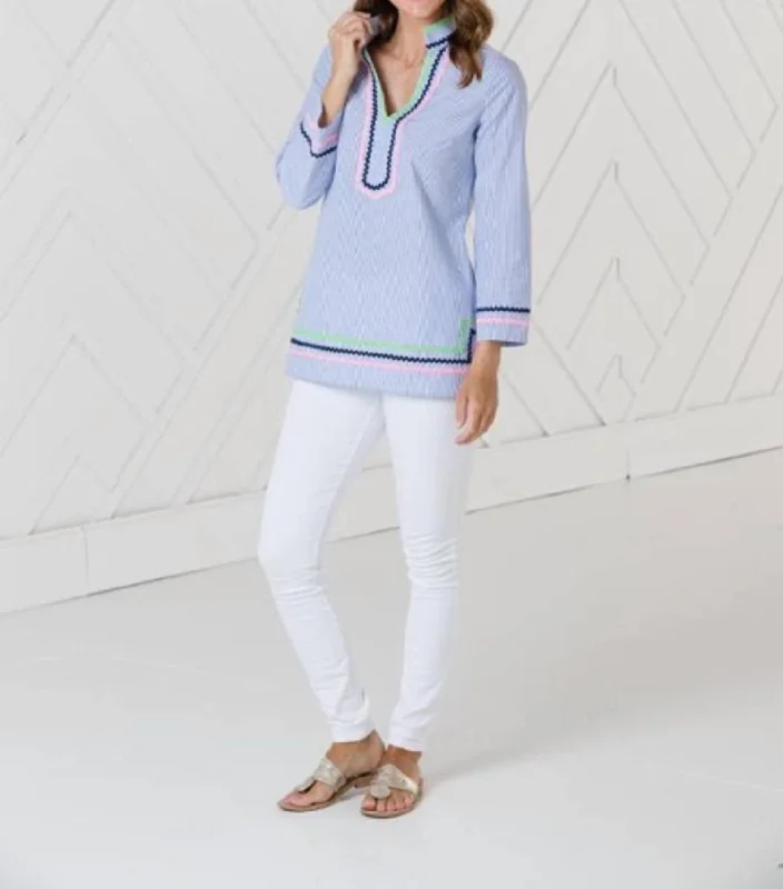 Long Sleeve Tunic Top In Blue/white