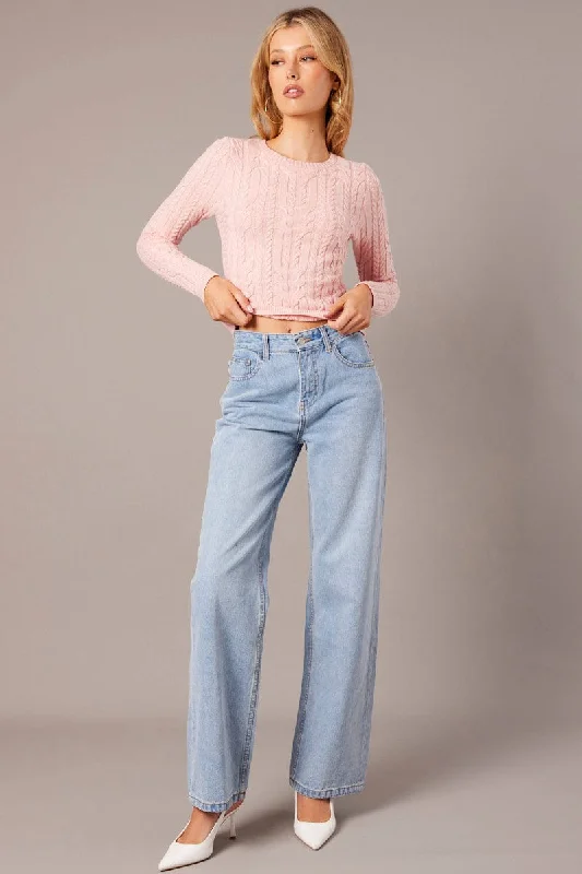 Pink Cable Knit Top Long Sleeve