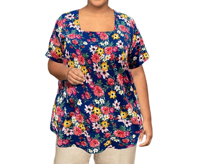 Printed Square Neck Tunic - Plus In Navy Ground Floral