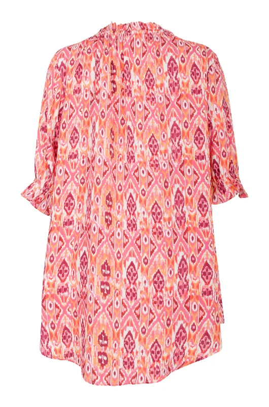 Printed Tunic with shirred neck | Pink Orange Aztec | 3322AR