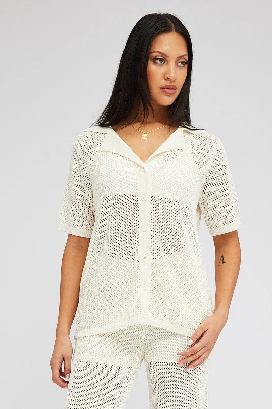 White Collar Knit Top Short Sleeve