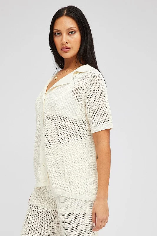 White Collar Knit Top Short Sleeve