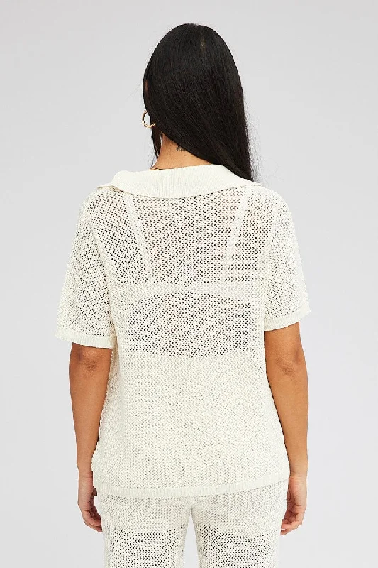 White Collar Knit Top Short Sleeve