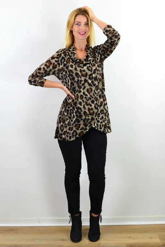 Animal Crossover Cowl Neck Tunic Top