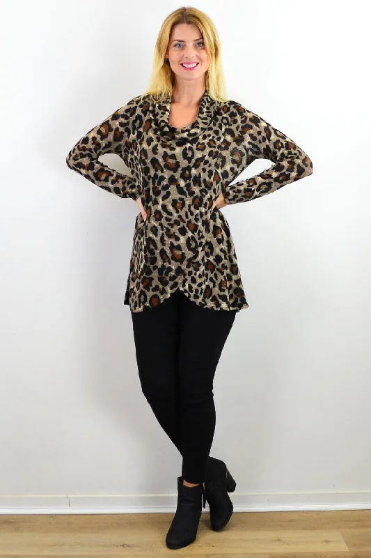 Animal Crossover Cowl Neck Tunic Top