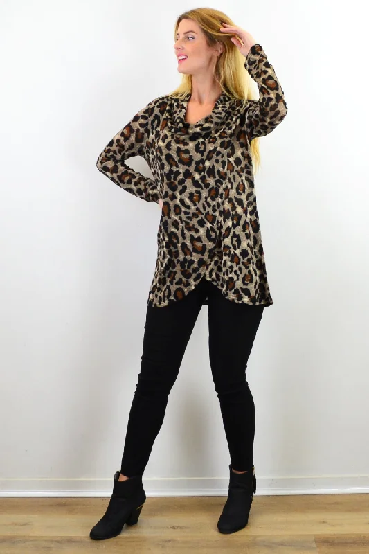 Animal Crossover Cowl Neck Tunic Top