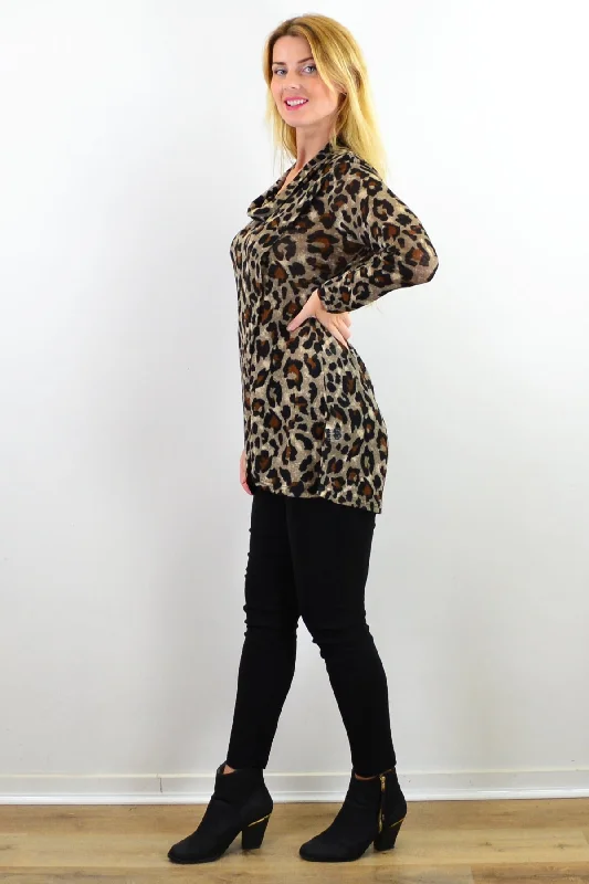 Animal Crossover Cowl Neck Tunic Top