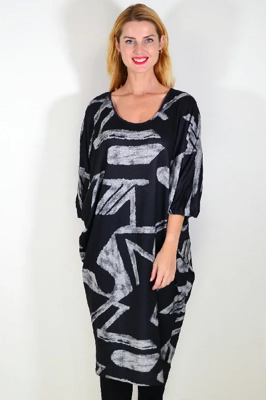 Black Retro Tapered Tunic Cocoon Dress