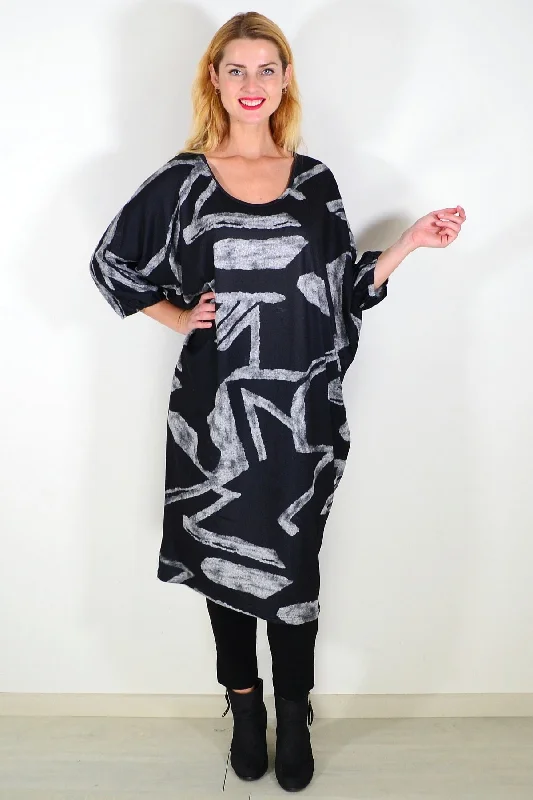 Black Retro Tapered Tunic Cocoon Dress