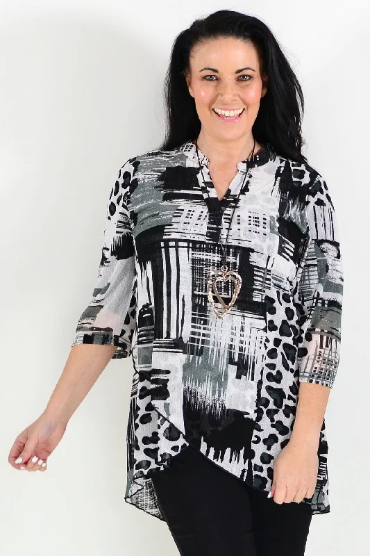 Black White Mesh Ladies Tunic Top