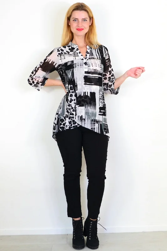 Black White Mesh Ladies Tunic Top