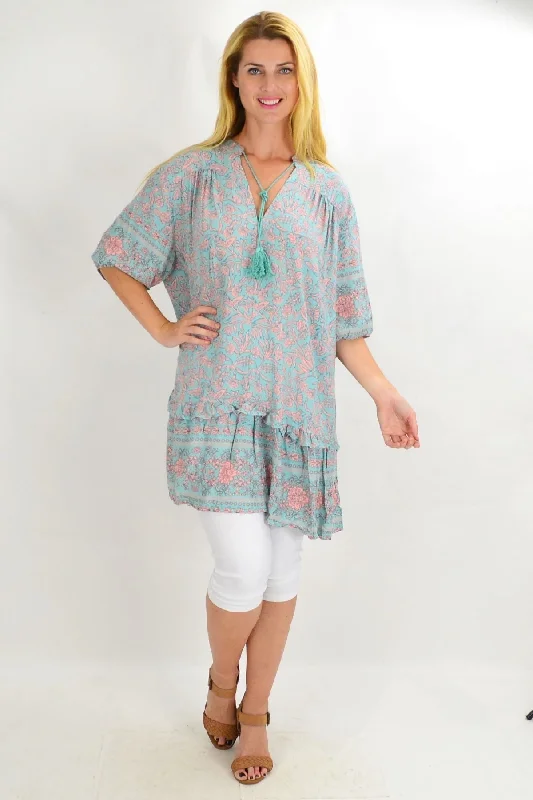 Aqua Bell Ruffle Tunic Top