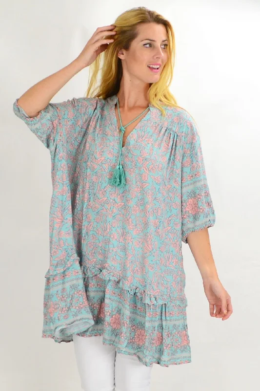 Aqua Bell Ruffle Tunic Top