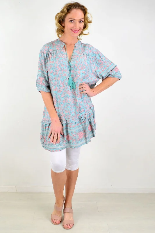 Aqua Bell Ruffle Tunic Top