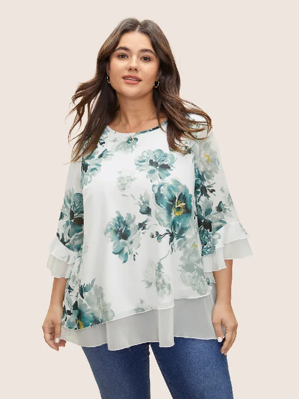 Chiffon Floral Ruffles Layered Patchwork Mesh Blouse