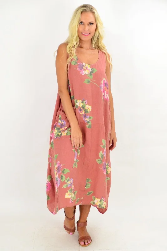 Dark Salmon Hibiscus Linen Tunic Maxi Dress