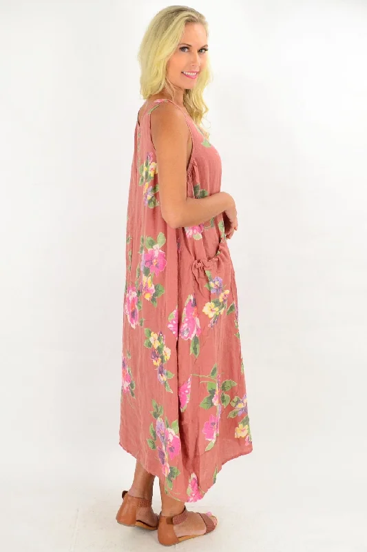 Dark Salmon Hibiscus Linen Tunic Maxi Dress