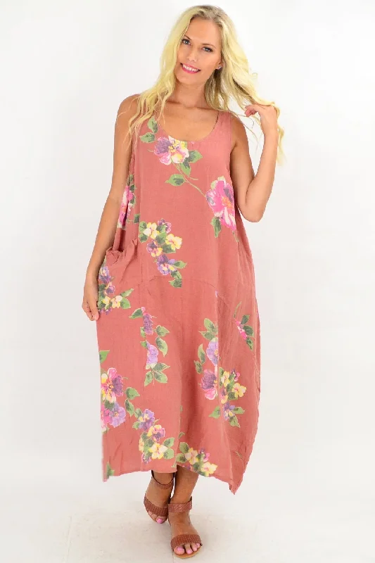 Dark Salmon Hibiscus Linen Tunic Maxi Dress